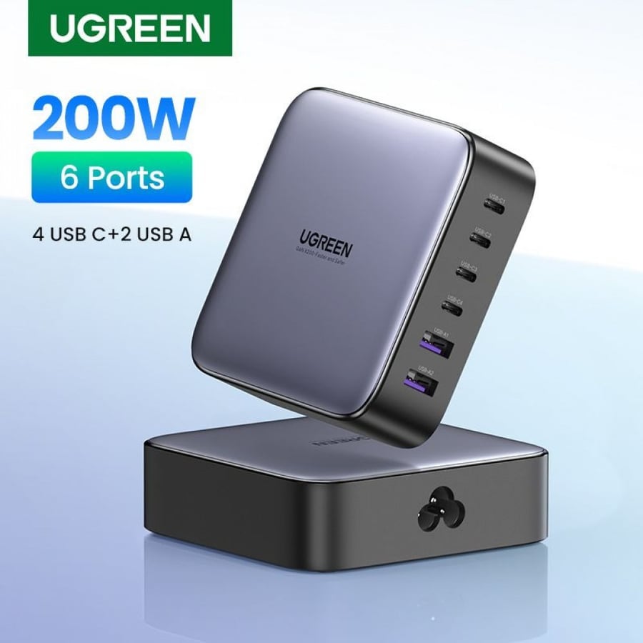 شاحن مكتبي يوجرين 4 منافذ PD وبمنفذين USB بتقنية GaN وبقوة 200 واط - رمادي