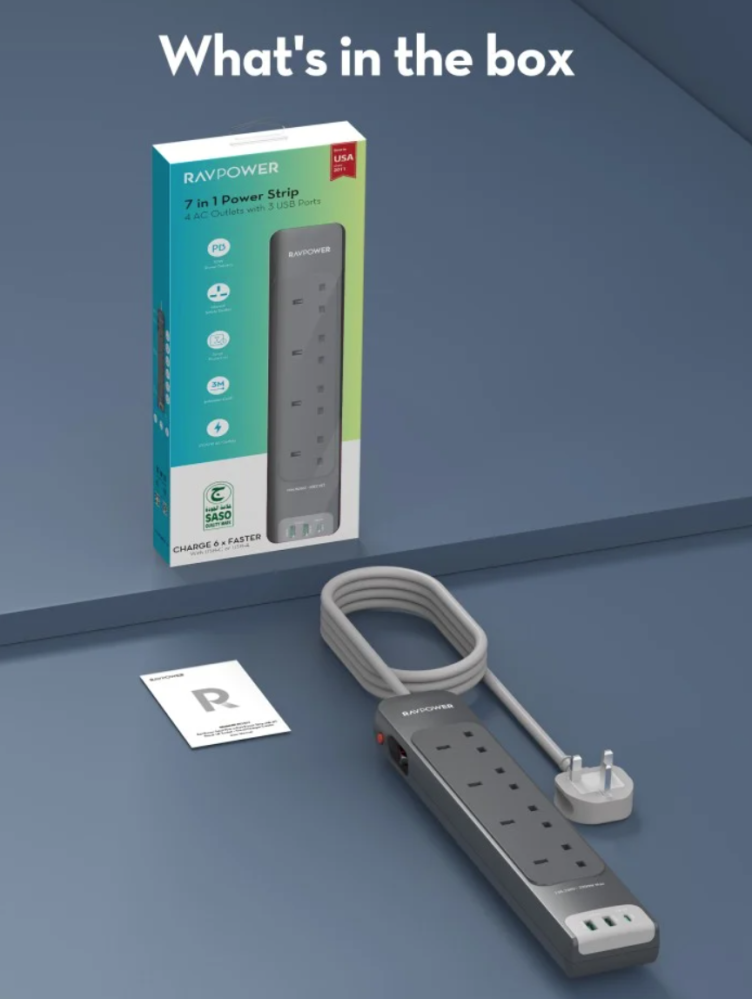 / توصيلة راف باور 4 منافذ طاقة ومنفذين USB-A ومنفذ USB-C بطول 3 متر - رمادي