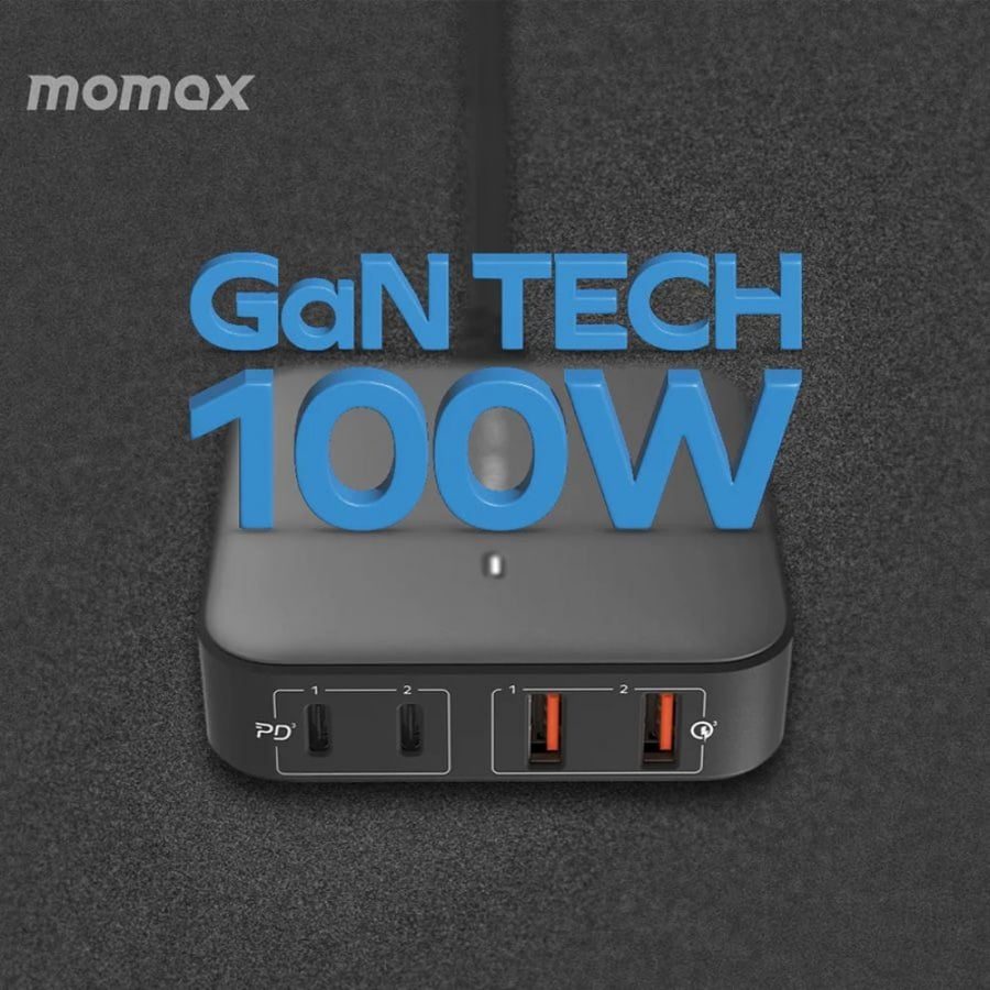 -- شاحن مكتبي موماكس بتقنية الجان بمنفذين USB-C ومنفذين USB بقوة 100 واط - أسود
