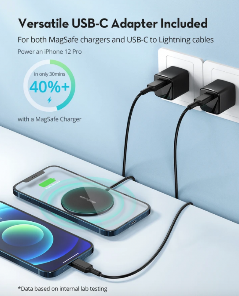 - قاعدة شاحن لاسلكي مغناطيسي من USB-C لشاحن  iPhone 12 ماق سيف من راف باور