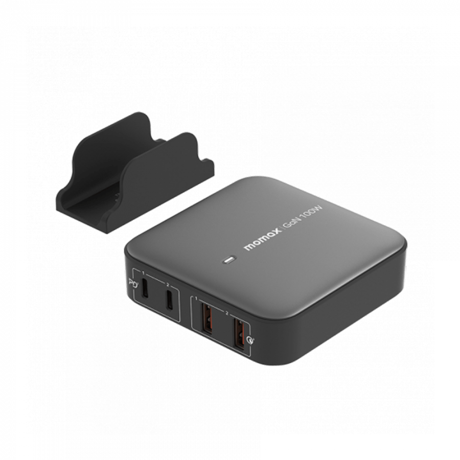 -- شاحن مكتبي موماكس بتقنية الجان بمنفذين USB-C ومنفذين USB بقوة 100 واط - أسود