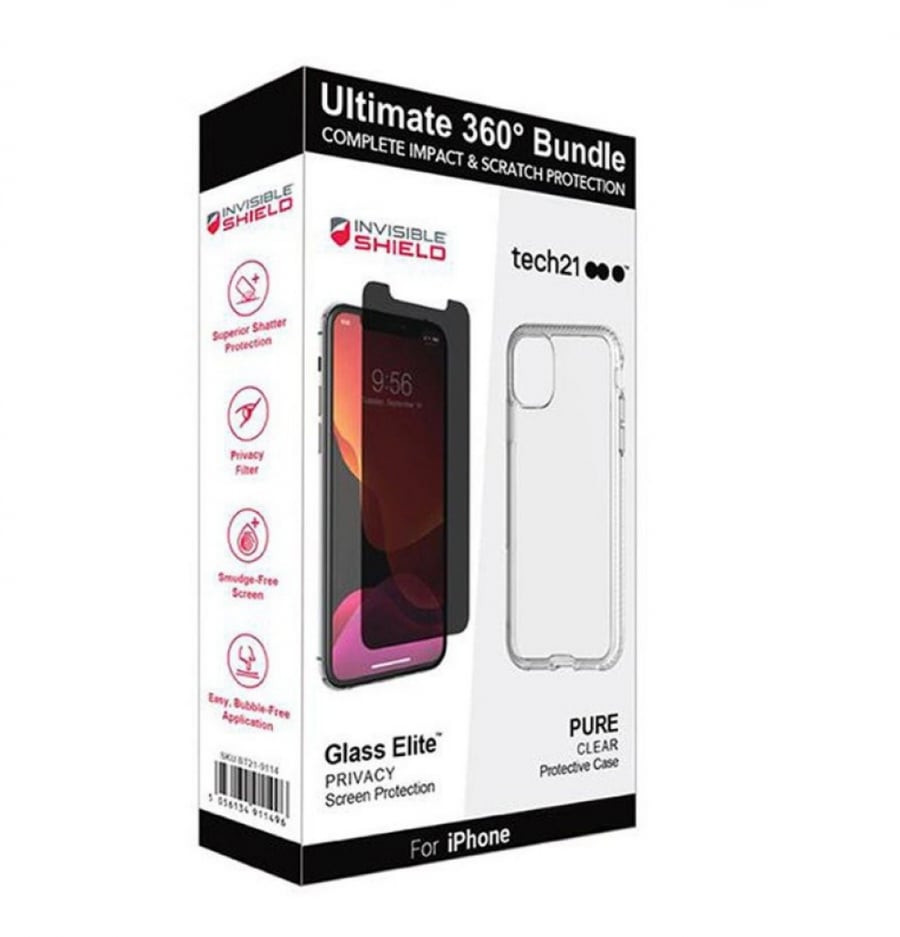 = تيك21 بكج 11PRO كفر حمايه شفاف + حماية شاشه زجاج خصوصيه TECH21 ULTIMATE 360 BUNDLE