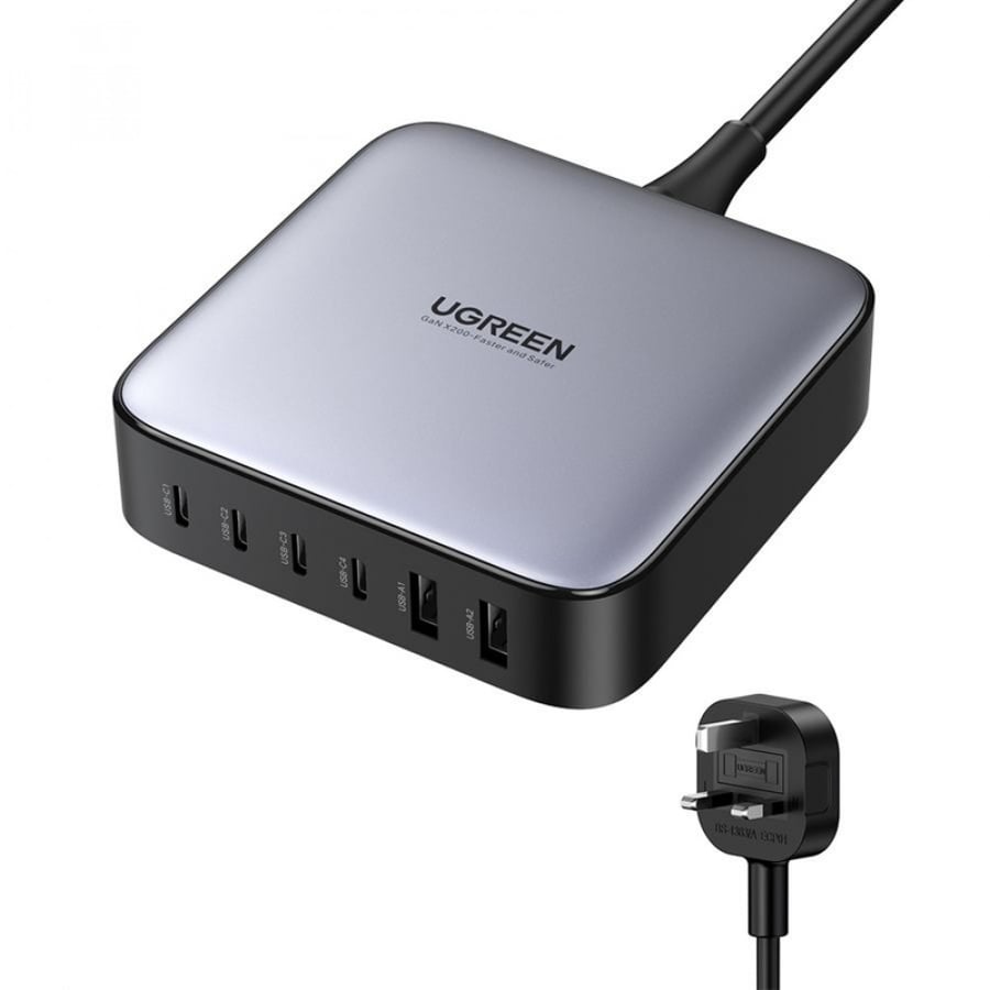 شاحن مكتبي يوجرين 4 منافذ PD وبمنفذين USB بتقنية GaN وبقوة 200 واط - رمادي