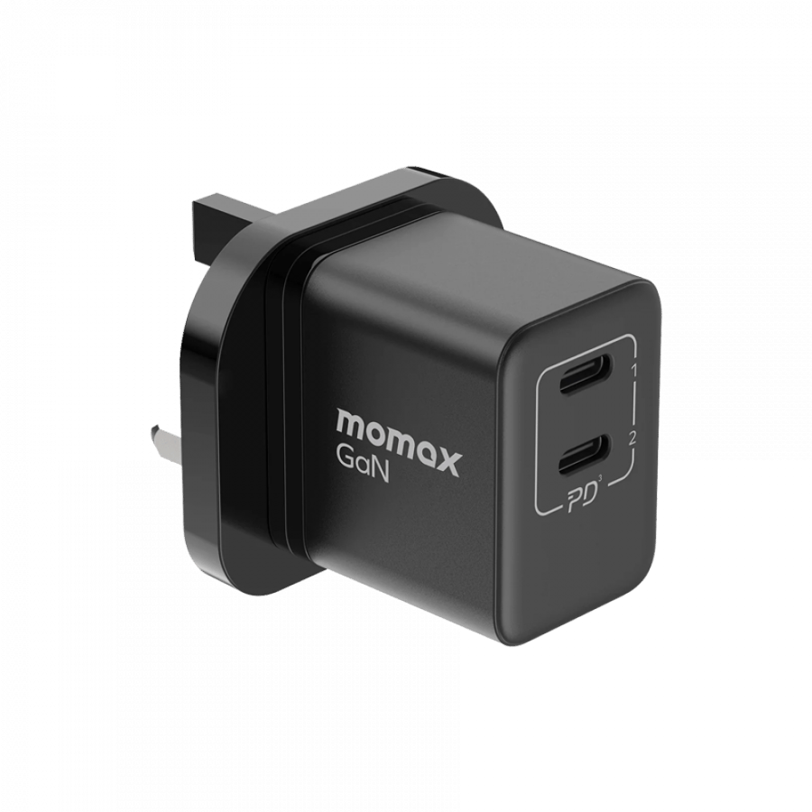 -- شاحن جداري موماكس ميني بتقنية الجان سريع الشحن بمفنذين USB-C وبقوة 35 واط - أسود