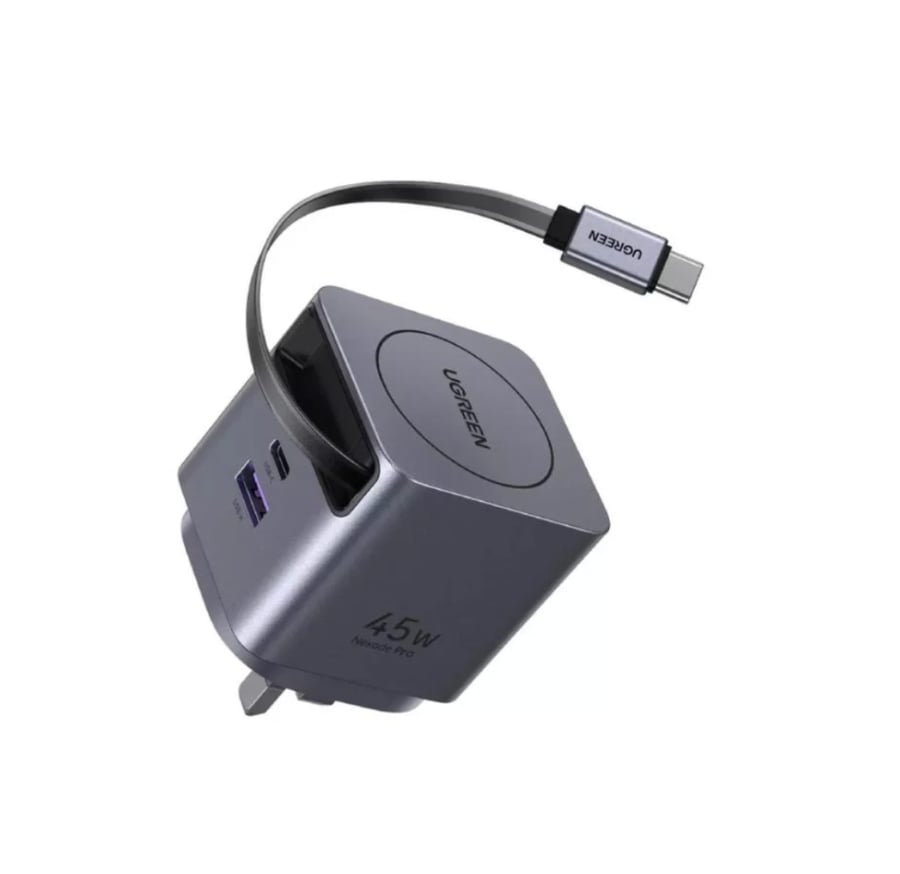 يوجرين - شاحن جداري Nexode Pro بقوة 45 واط مع كابل USB-C قابل للسحب - رمادي