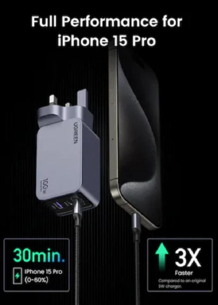 يوجرين - فيش جداري بمنفذين تايب سي و منفذ يو اس بي مع كيبل تايب سي بقوة 100 واط - رمادي