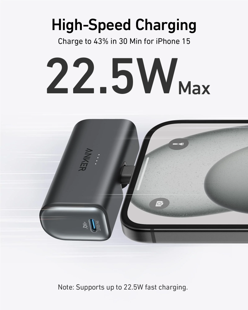 = بطارية انكر نانو مع موصل USB-C مدمج قابل للطي بسعة 5000 ملي امبير بقوة 22.5 واط - اسود