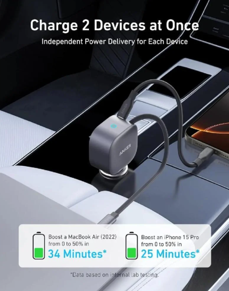 = انكر - شاحن سيارة USB-C بقوة 75 واط مع كابل USB-C قابل للسحب مدمج