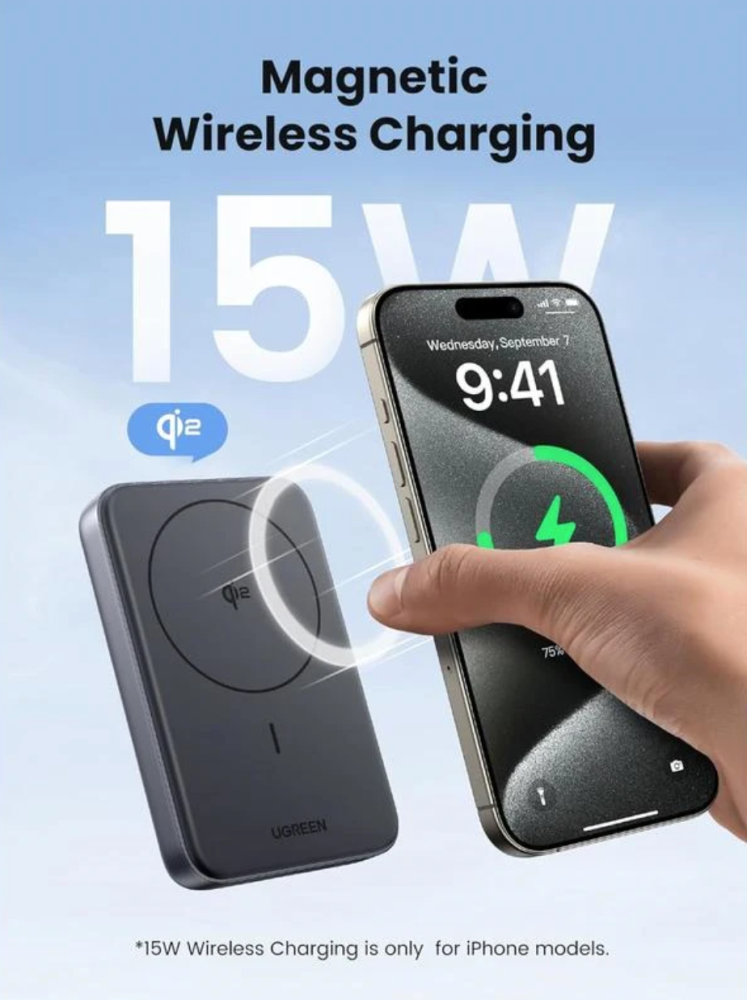 شاحن متنقل يوجرين لا سلكي مغناطيسي بقوة 15 واط وبمنفذ USB-C بسعة 10000 مللي أمبير وبقوة 30 واط - رمادي