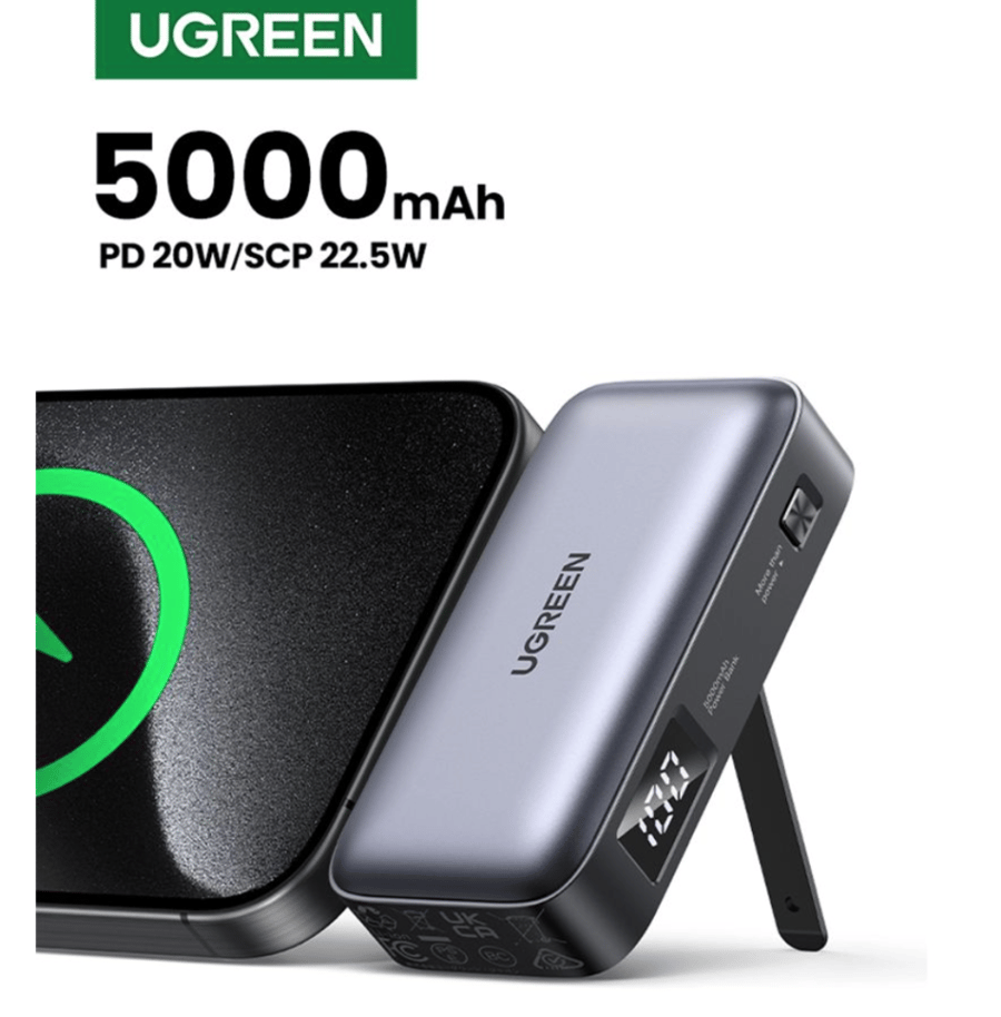 = شاحن متنقل يوجرين بـUSB-C مدمج ومنفذ USB-C بسعة 5000 مللي أمبير وبقوة 22.5 واط - رمادي