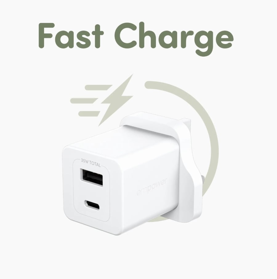EMPOWER™ BY PANZERGLASS® TURBO 35W CHARGER INCL. USB-C + USB-A | UK PLUG| SILVER WHITE