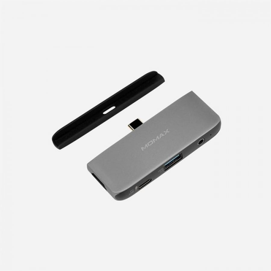 -- موماكس 4 في 1 مخرج وصلات Type-C متعدد المنافذ (PD,HDMI,USB,AUX) - رمادي غامق