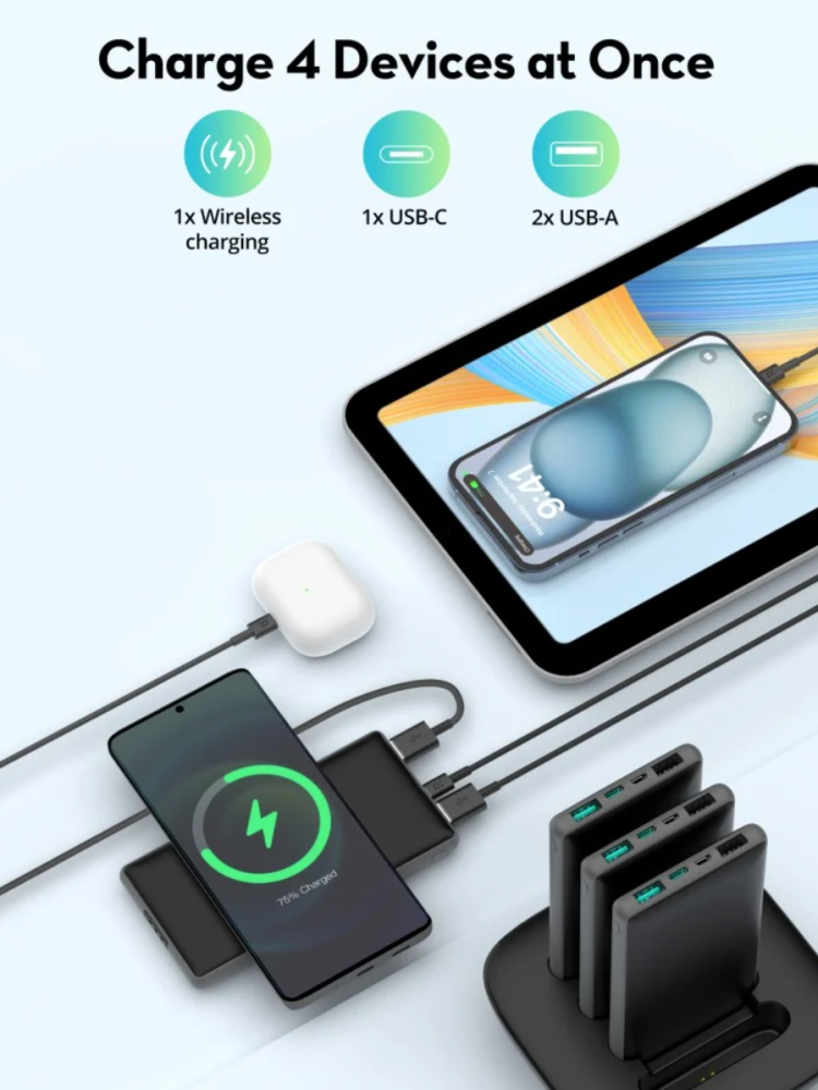 منصة راف باور 4 بطاريات بسعة 10000 ملي امبير شحن وايرلس ماج سيف و منفذين USB-A ومنفذ تايب سي ومنفذ مايكرو - اسود