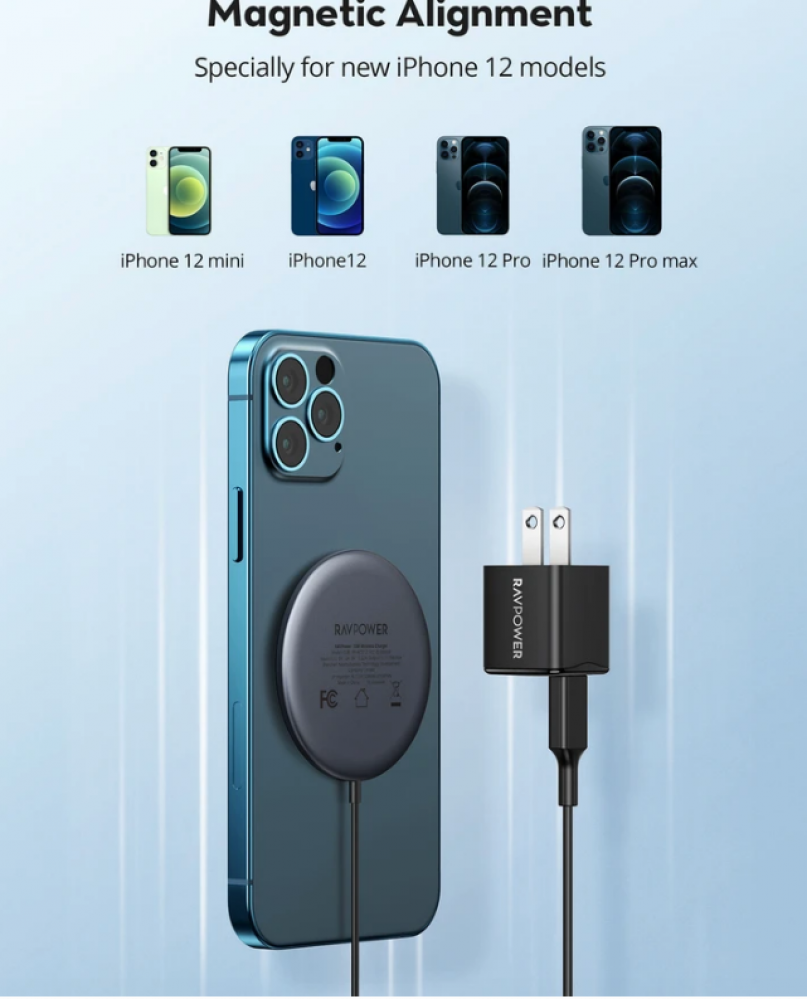 - قاعدة شاحن لاسلكي مغناطيسي من USB-C لشاحن  iPhone 12 ماق سيف من راف باور