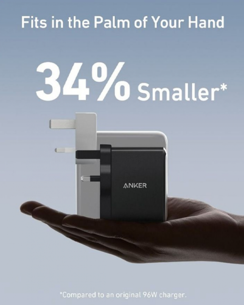 Anker wall charger with 100W power with two Type-C ports with PD technology and one USB port - black