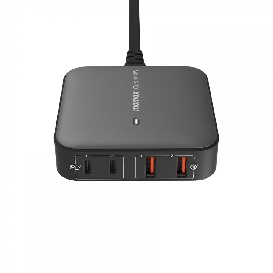 -- شاحن مكتبي موماكس بتقنية الجان بمنفذين USB-C ومنفذين USB بقوة 100 واط - أسود