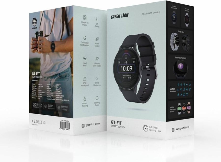 ساعة ذكية Green Lion GT-FIT، تتبع النشاط، مراقبة النوم، زر دوار، عمر البطارية من 5 إلى 7 أيام،