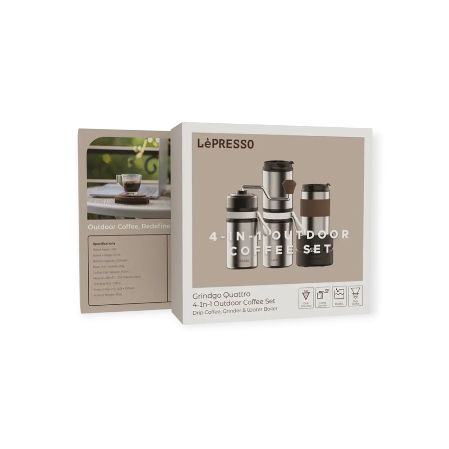طقم قهوة خارجي Lepresso Grindo Quattro 4 في 1 - فضي (2).webp طقم قهوة خارجي ليبريسو غريندو كواترو 4 في 1 - فضي