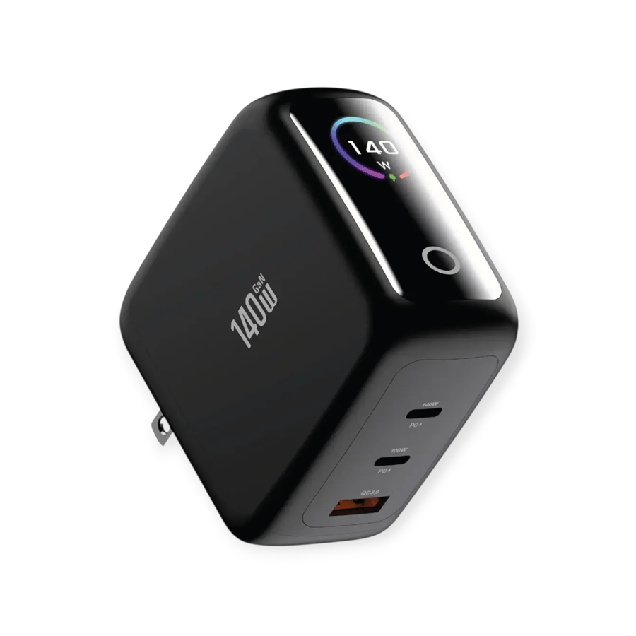 محول جرين ليون GanPremium مع شاشة TFT و 2 USB-C و USB-A - أسود