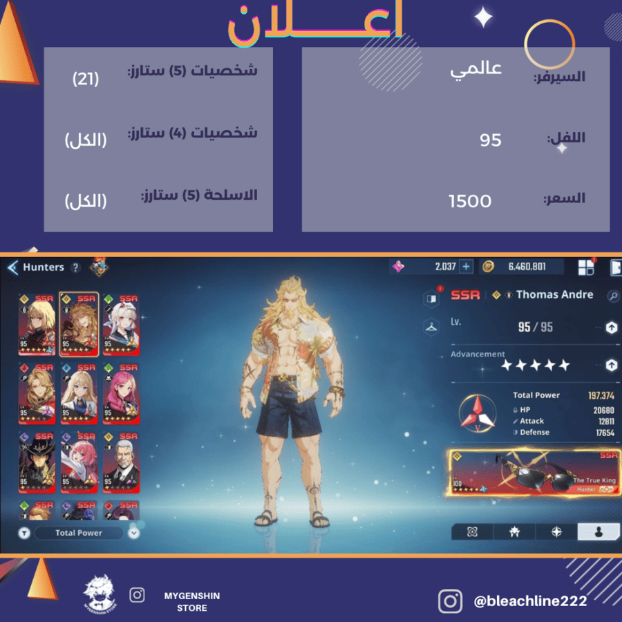 (bleachline222) حساب سيرفر عالمي لفل 95 يحتوي (21 شخصية)