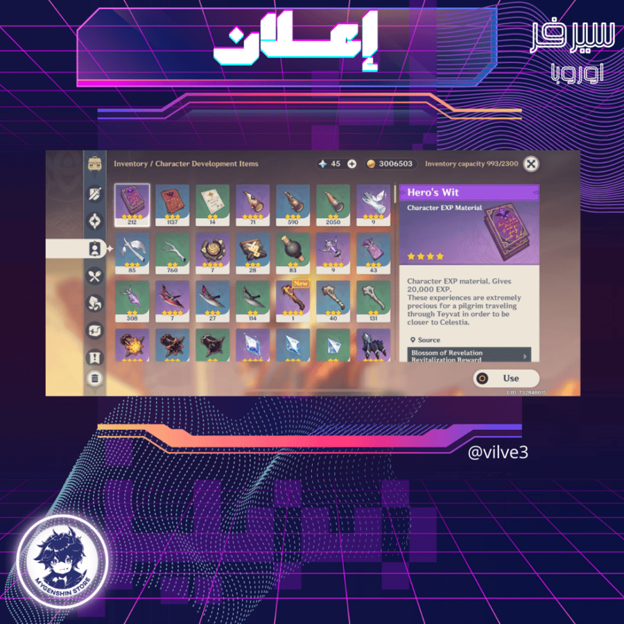 (vilve3) حساب سيرفر اوروبا لفل 60 يحتوي (22 شخصية)