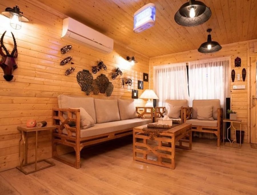 Wooden seating set for seven people (honeycomb design)