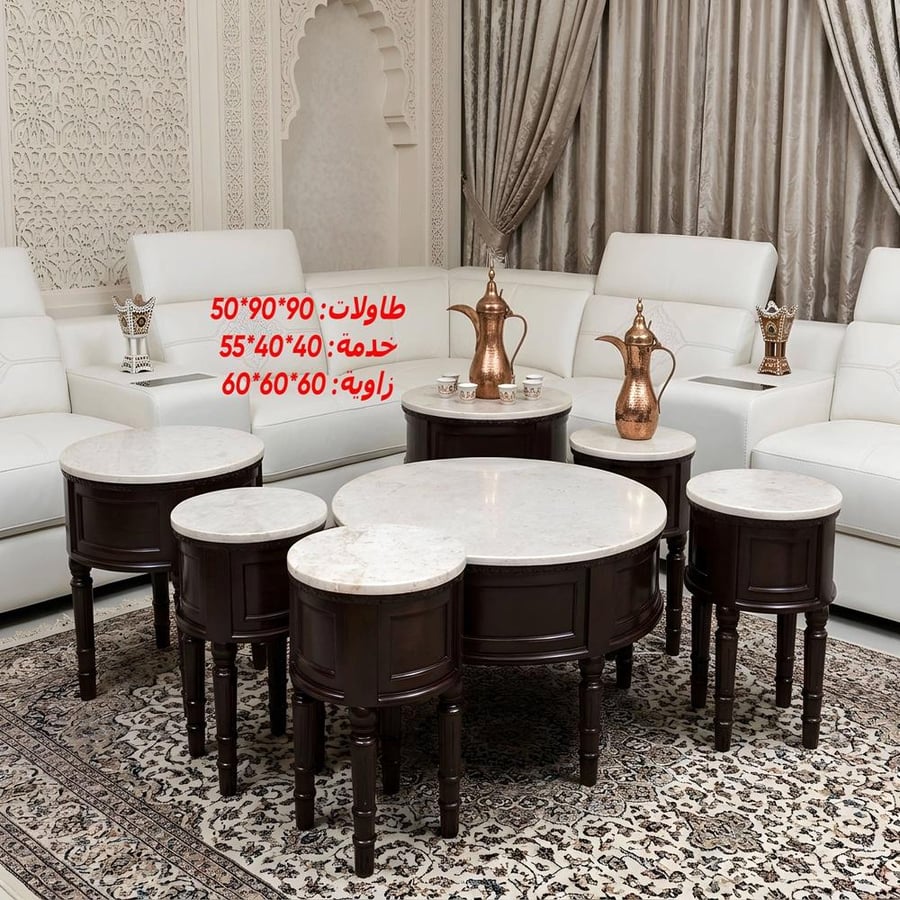 طقم طاولة بني محروق سطح رخام 4+2+1