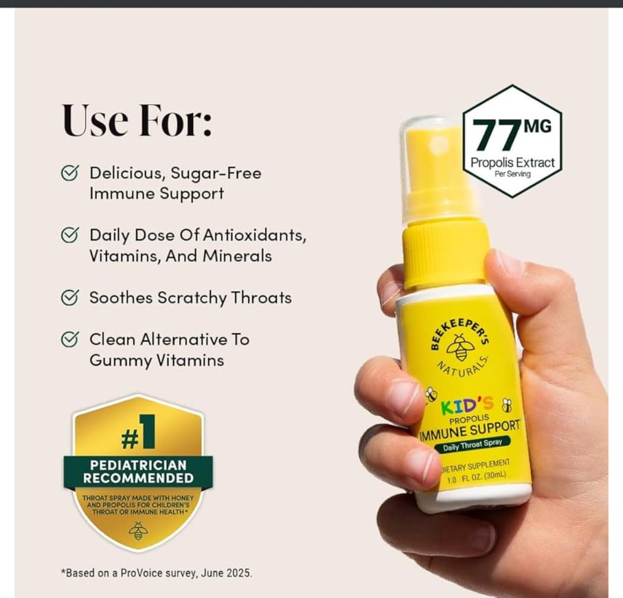 Baker's Naturals spray for children for sore throat treatment, made from honeycomb extract at 95%, naturally supports immunity and relieves sore throat, rich in antioxidants and gluten-free.