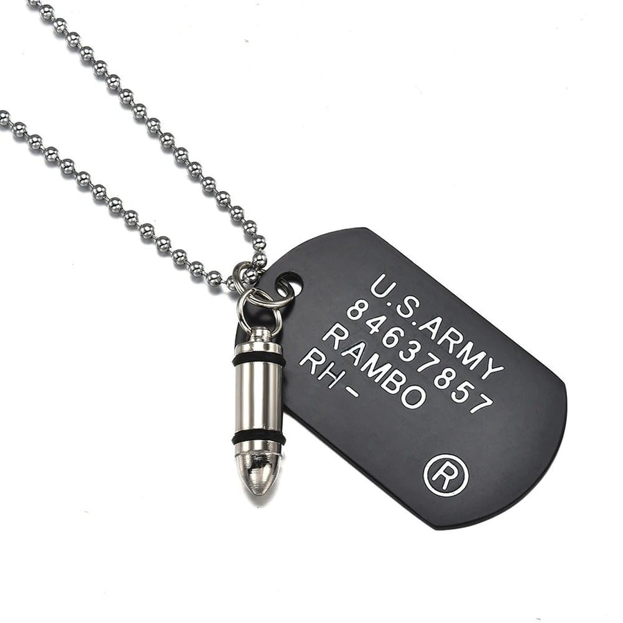 Men's bullet chain - bullet with a metal identification tag for the soldier, black color