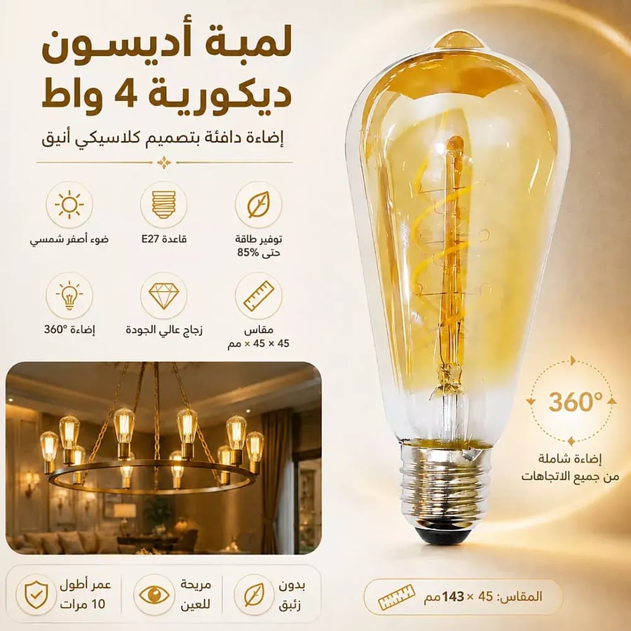 لمبة نجف ديكورية LED شكل كمثرى حلزوني 4 واط بقاعدة E27 - إضاءة صفراء شمسية دافئة