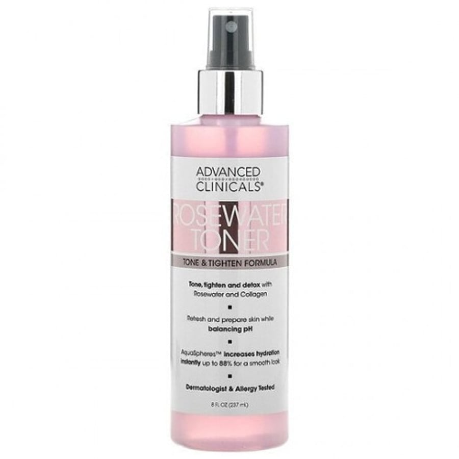 Rose water toner, a formula that works to tighten and even out skin tone, from Advanced Clinicals, 237 ml