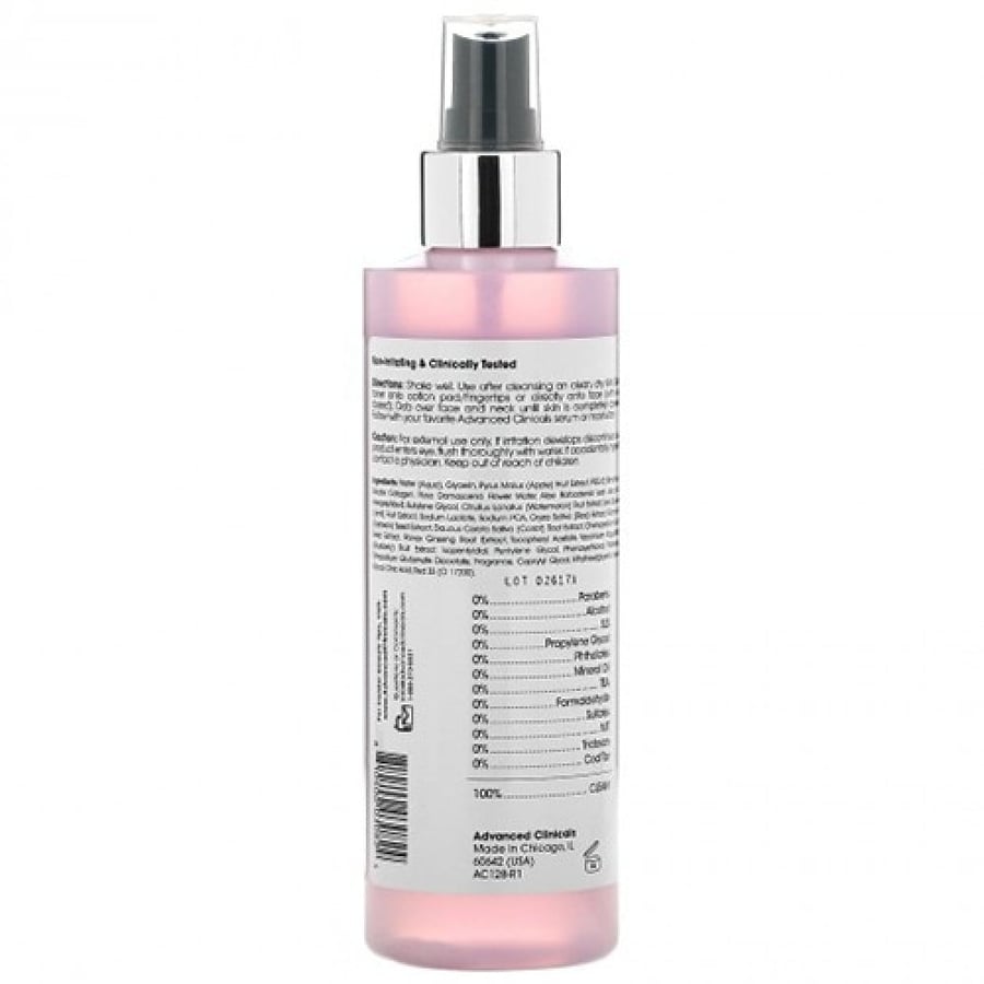 Rose water toner, a formula that works to tighten and even out skin tone, from Advanced Clinicals, 237 ml