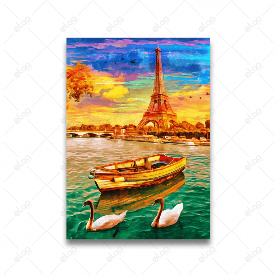 Abstract art painting of Eiffel Tower and bridge Jina from Seine River in Paris