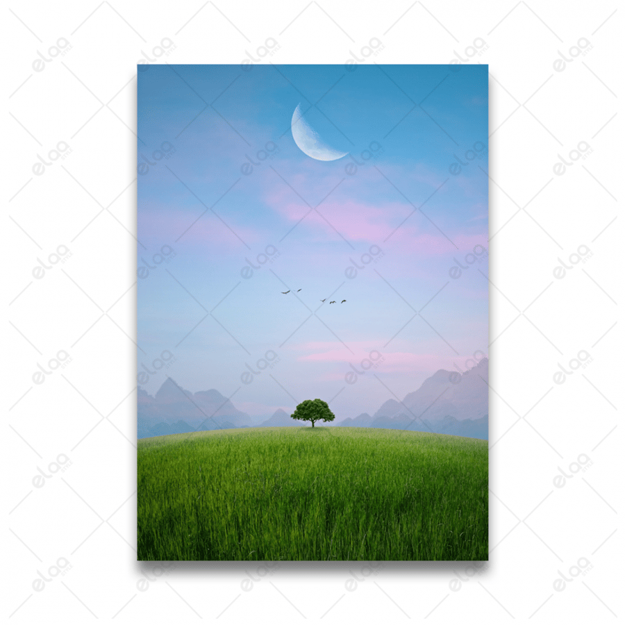 Abstract art painting of surreal landscapes with tree and moon