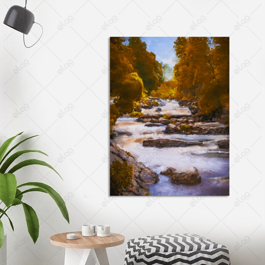 Abstract art painting of a flowing river in the forest