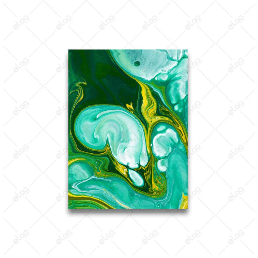 Abstract art paintings in emerald, blue, and yellow colors