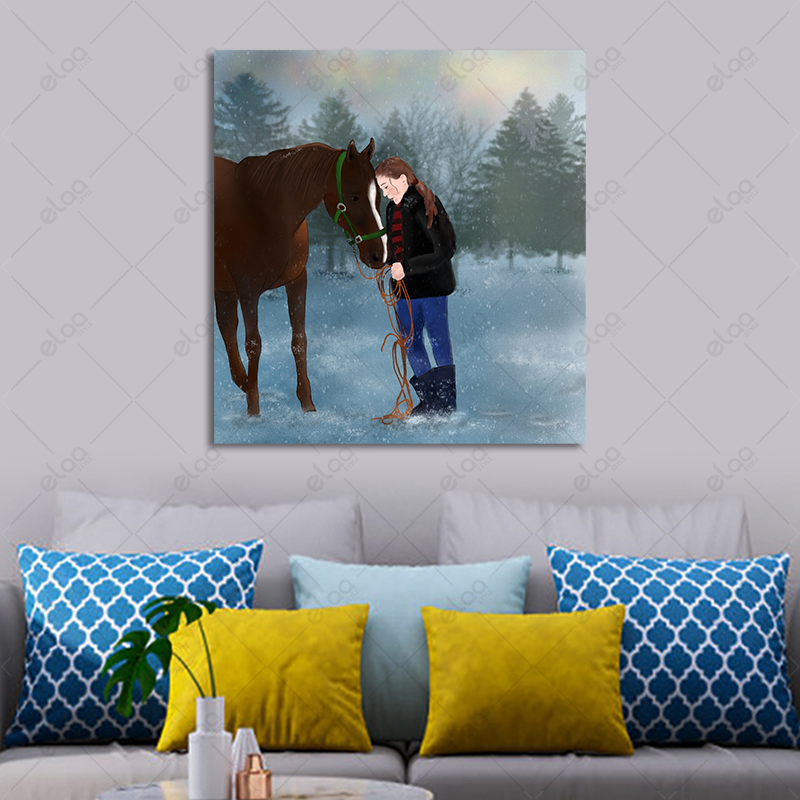 Abstract art painting of a girl and horses