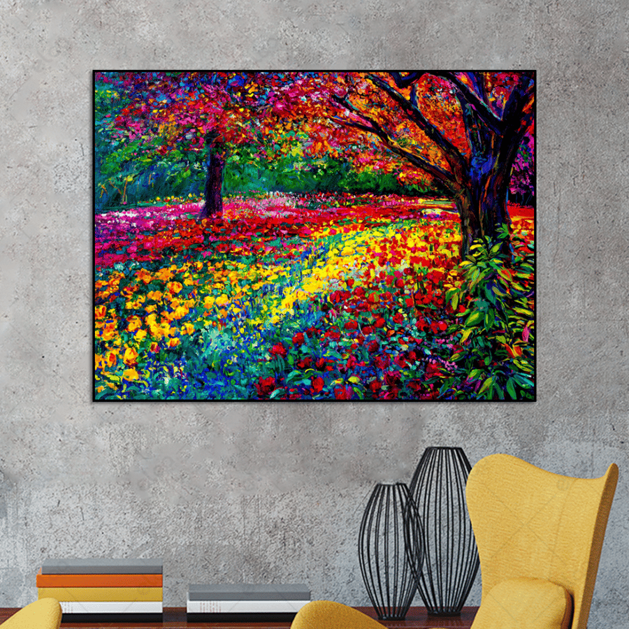 Abstract art painting of a garden and autumn time