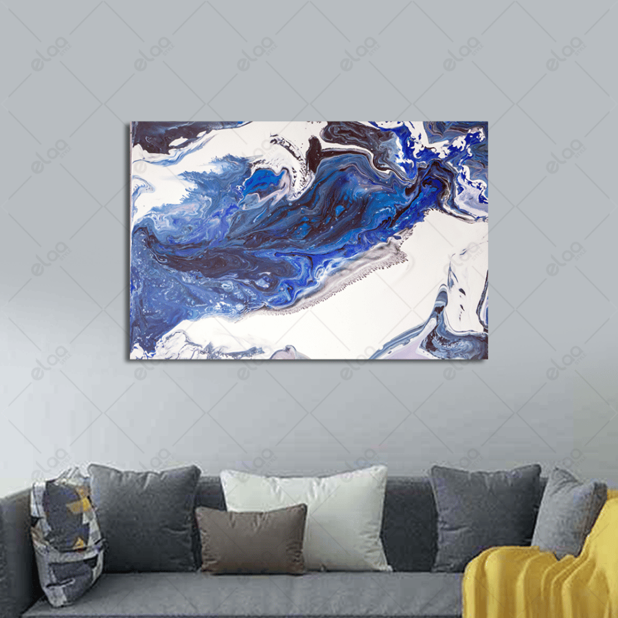 Abstract art painting in blue, black, and white