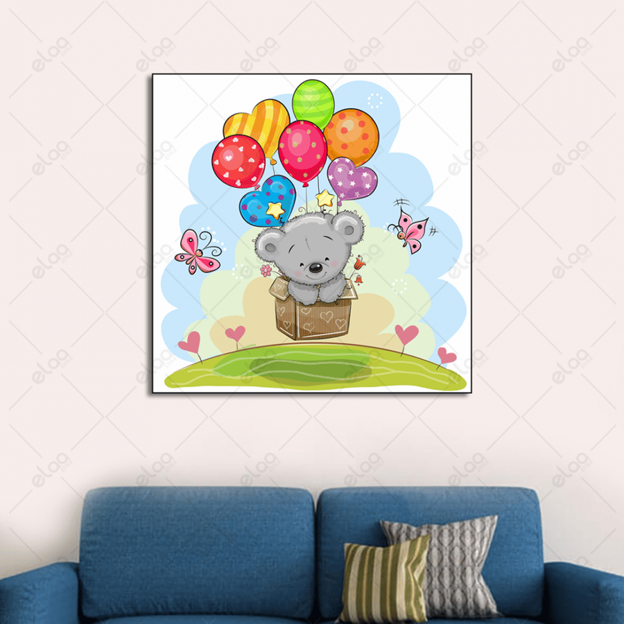 A artistic painting of a teddy bear in the box flying on balloons