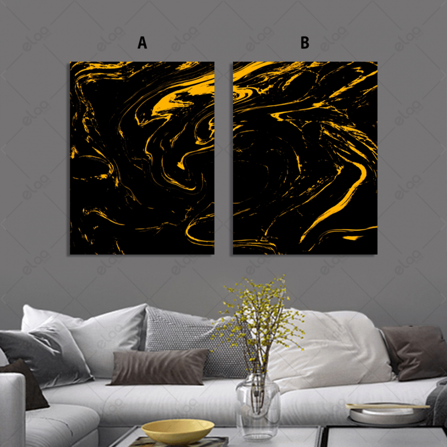 Abstract art paintings in gold and black