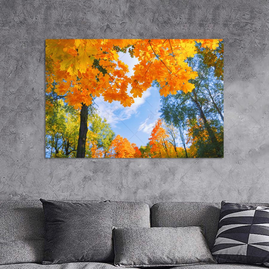 A artistic painting of orange and red leaves in the autumn forest