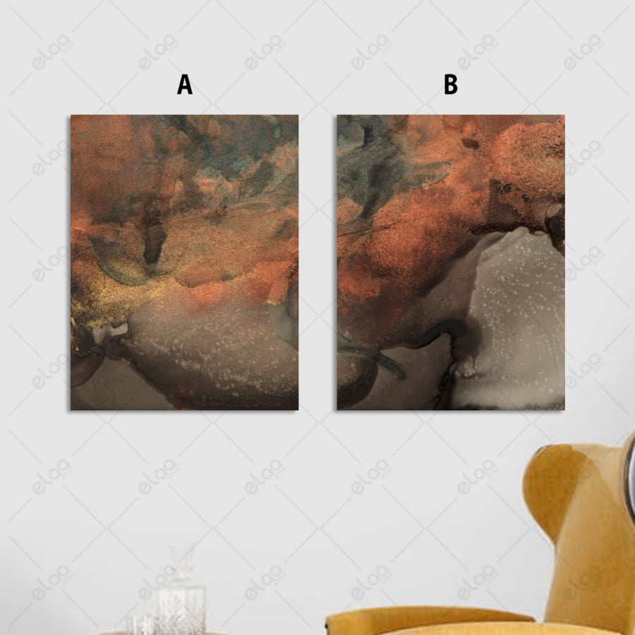 Abstract art paintings in gold and brown