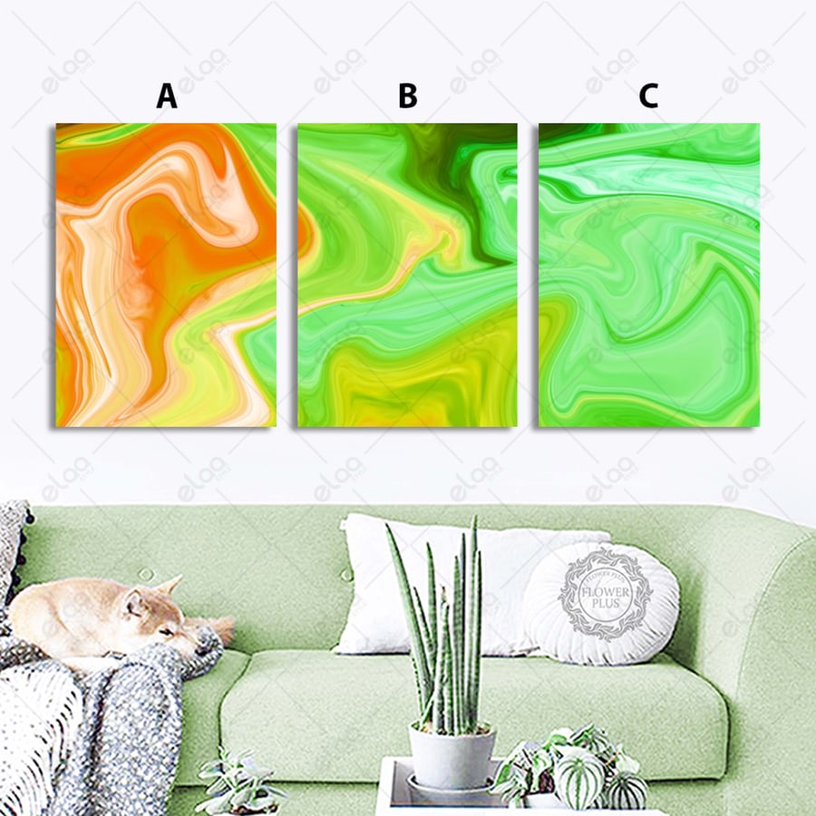 Abstract art paintings in green and yellow