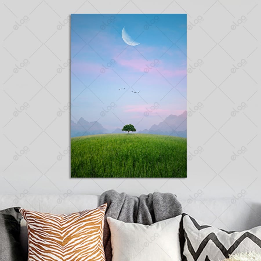 Abstract art painting of surreal landscapes with tree and moon