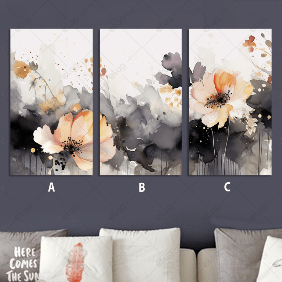 Abstract art paintings of black and gold flowers
