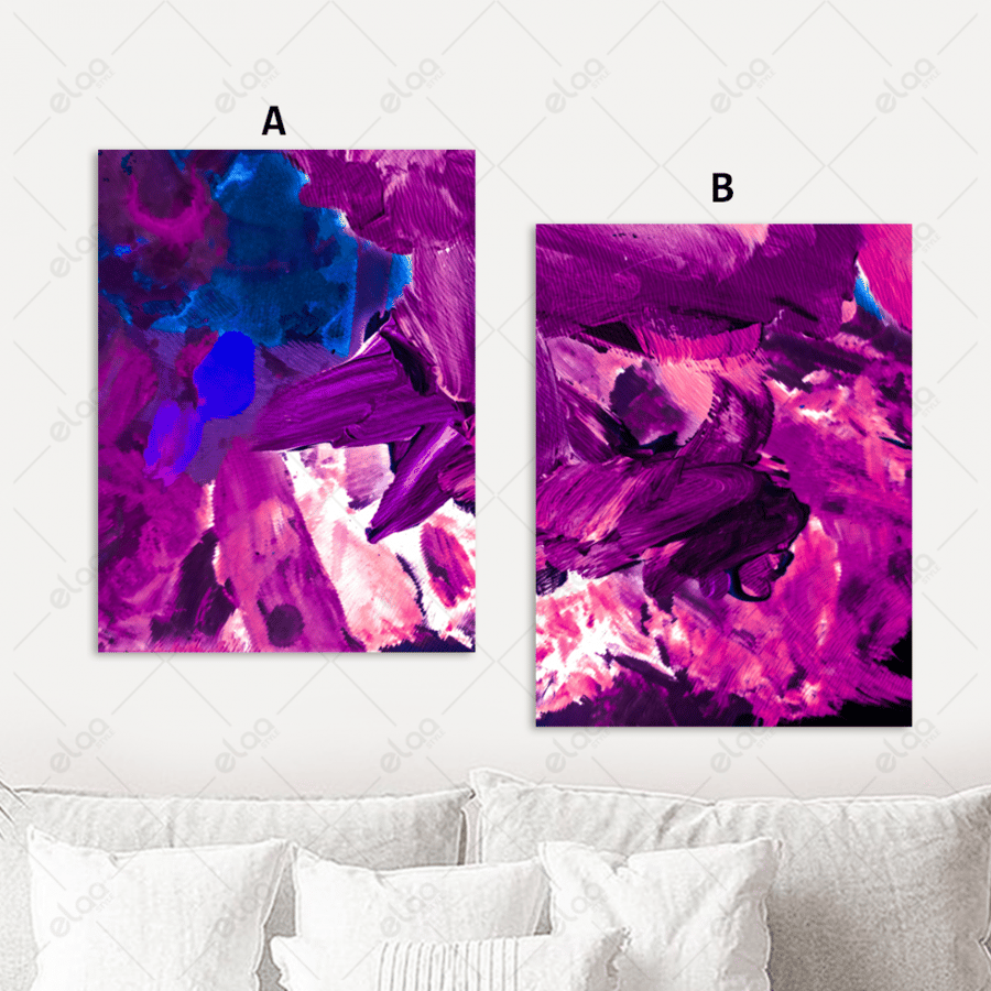 Abstract art paintings in shades of purple and blue
