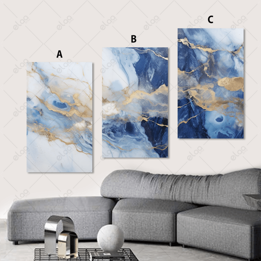 Abstract art paintings in blue and gold