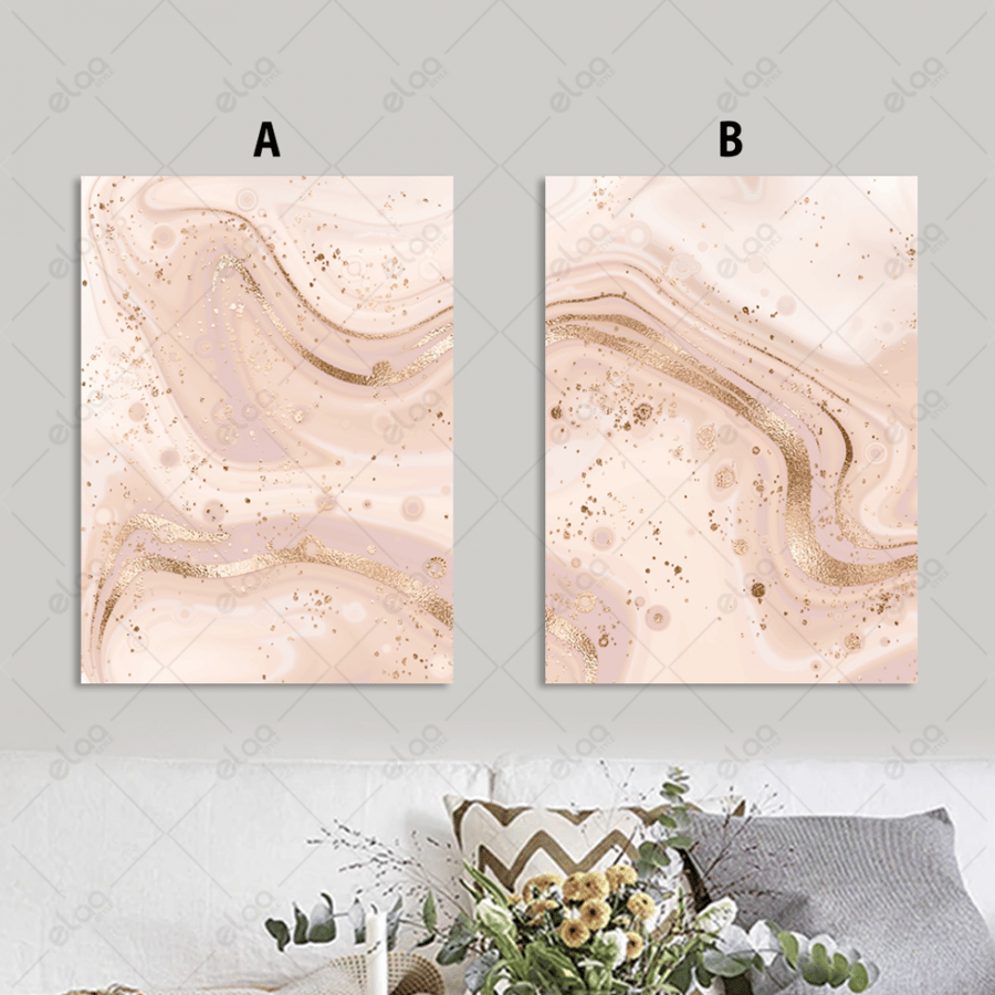 Abstract art paintings in shades of pink and gold