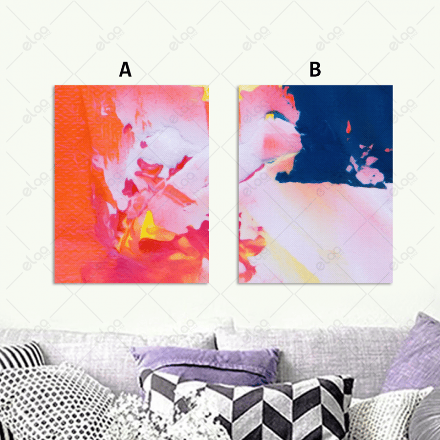 Abstract art paintings in shades of blue, orange, and pink